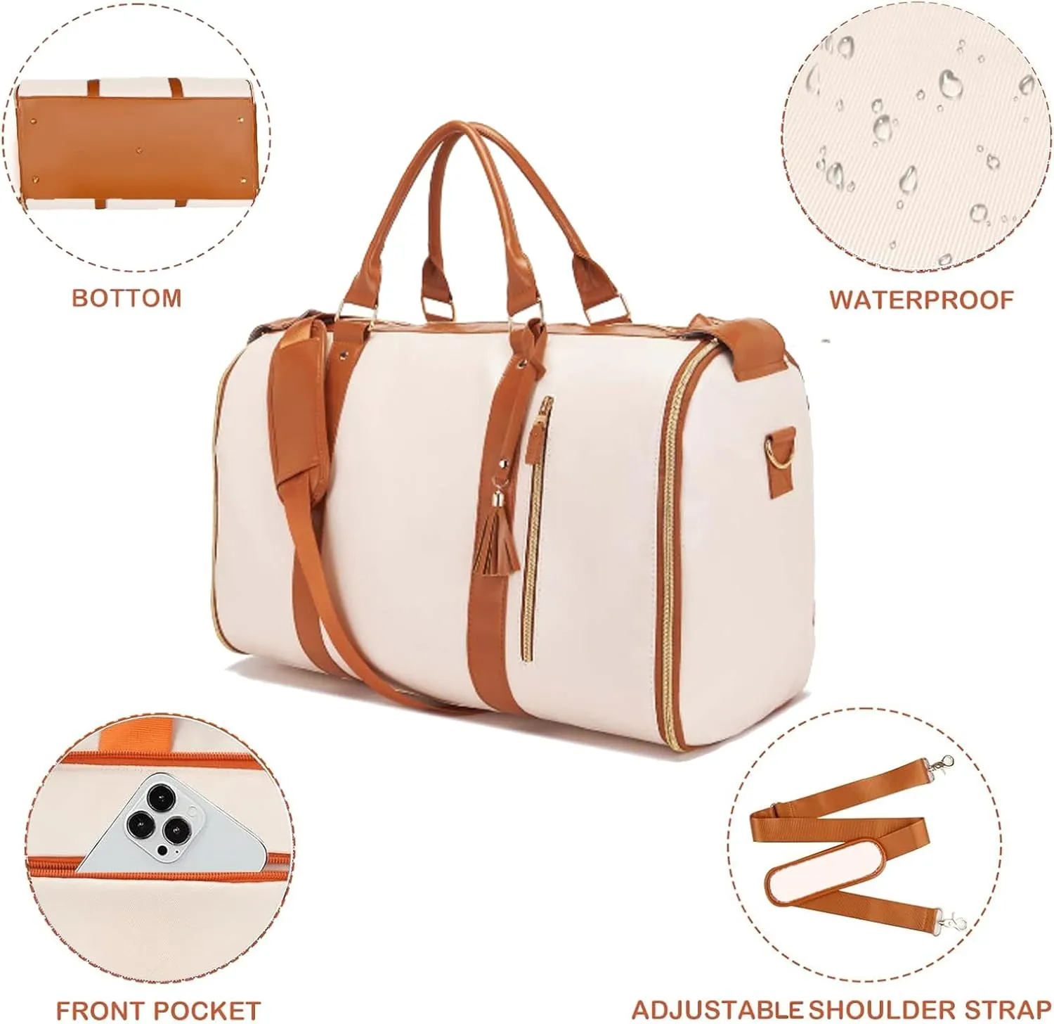 Garment Bag Duffel Bag Suit Travel Bag for Travel,Large PU Leather Duffle Bag for Women Men,Waterproof Garment Bags for Travel with Built-In Shoe Pocket,3 in 1 Hanging Suitcase Suit Travel Bags, White