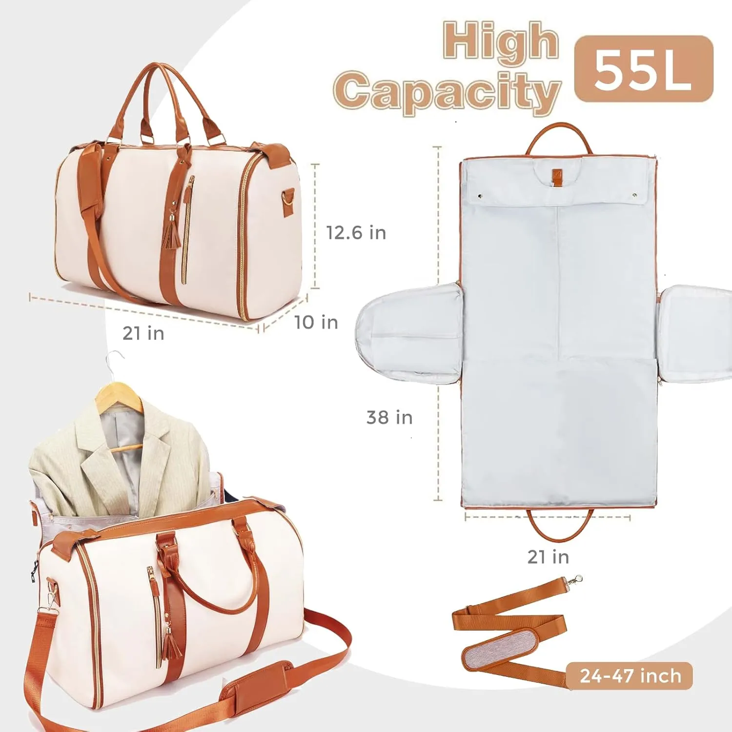 Garment Bag Duffel Bag Suit Travel Bag for Travel,Large PU Leather Duffle Bag for Women Men,Waterproof Garment Bags for Travel with Built-In Shoe Pocket,3 in 1 Hanging Suitcase Suit Travel Bags, White