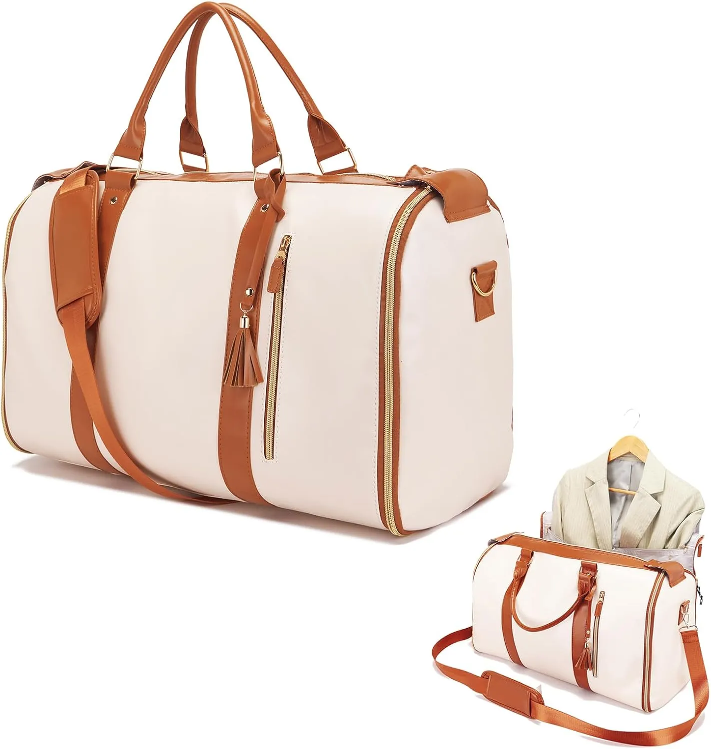 Garment Bag Duffel Bag Suit Travel Bag for Travel,Large PU Leather Duffle Bag for Women Men,Waterproof Garment Bags for Travel with Built-In Shoe Pocket,3 in 1 Hanging Suitcase Suit Travel Bags, White