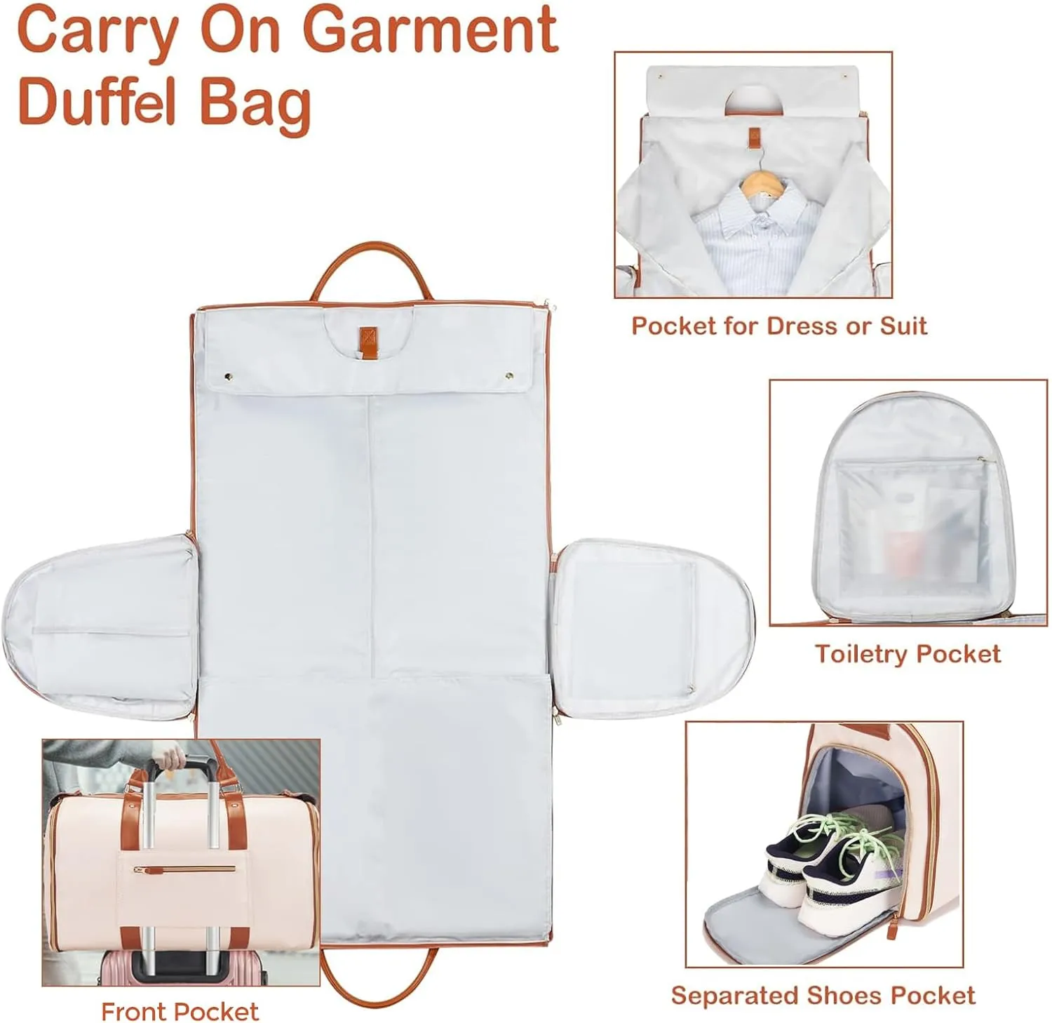 Garment Bag Duffel Bag Suit Travel Bag for Travel,Large PU Leather Duffle Bag for Women Men,Waterproof Garment Bags for Travel with Built-In Shoe Pocket,3 in 1 Hanging Suitcase Suit Travel Bags, White