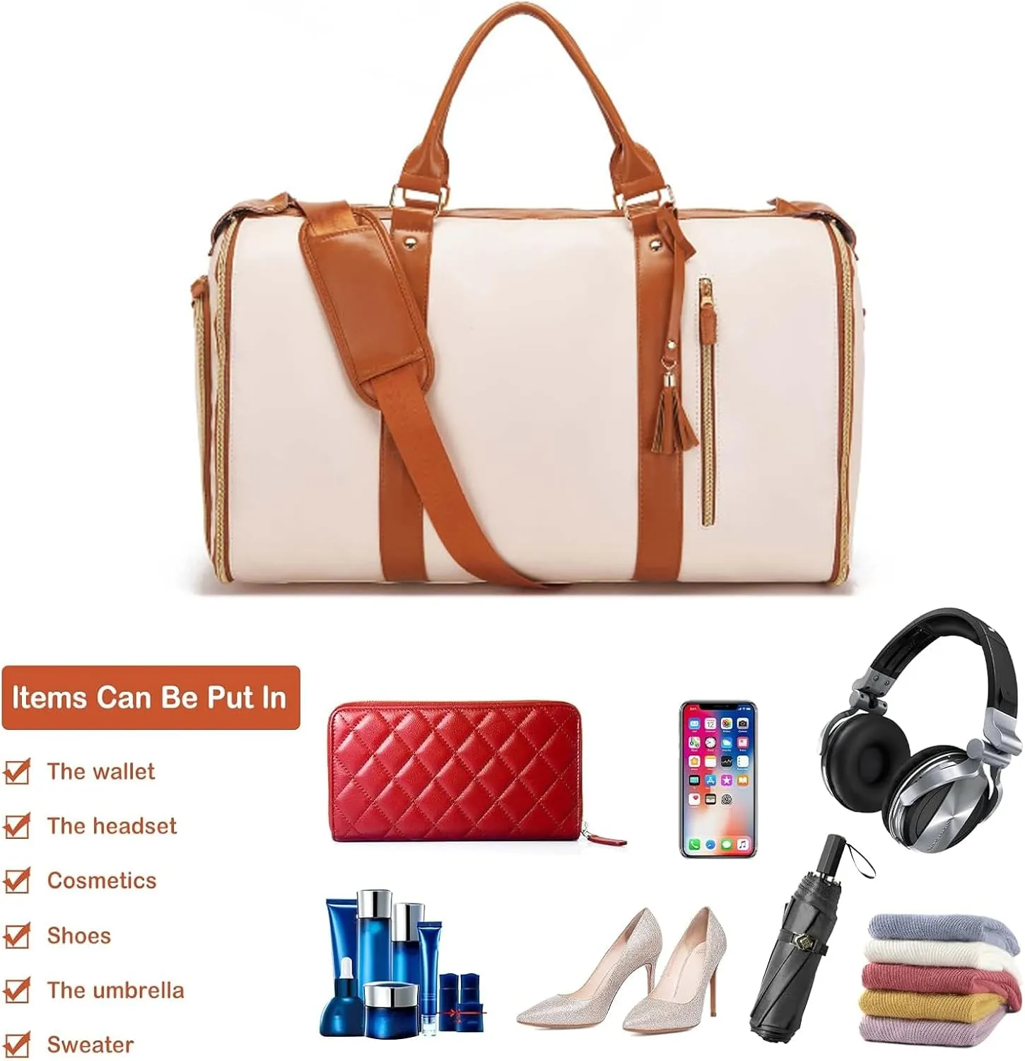 Garment Bag Duffel Bag Suit Travel Bag for Travel,Large PU Leather Duffle Bag for Women Men,Waterproof Garment Bags for Travel with Built-In Shoe Pocket,3 in 1 Hanging Suitcase Suit Travel Bags, White