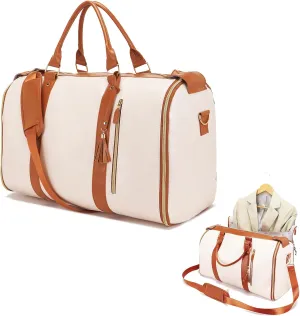 Garment Bag Duffel Bag Suit Travel Bag for Travel,Large PU Leather Duffle Bag for Women Men,Waterproof Garment Bags for Travel with Built-In Shoe Pocket,3 in 1 Hanging Suitcase Suit Travel Bags, White
