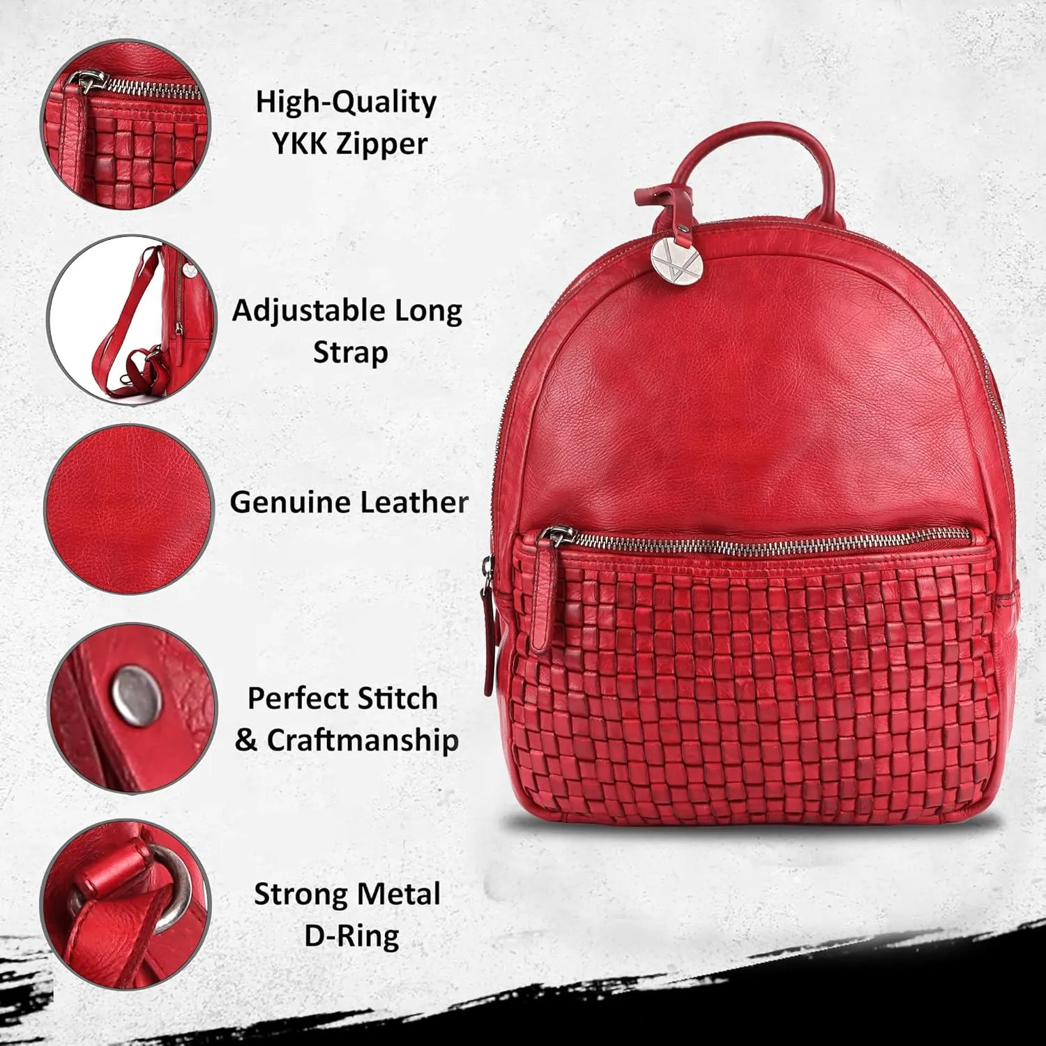 Genuine Leather Backpack for Men, Casual Backpack for Women Office Bag with Adjustable Shoulder Strap (VL-054-RED)