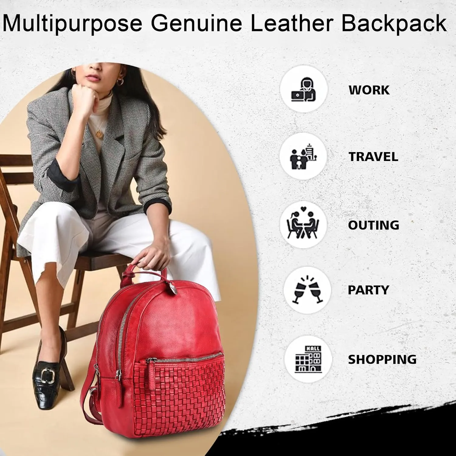 Genuine Leather Backpack for Men, Casual Backpack for Women Office Bag with Adjustable Shoulder Strap (VL-054-RED)