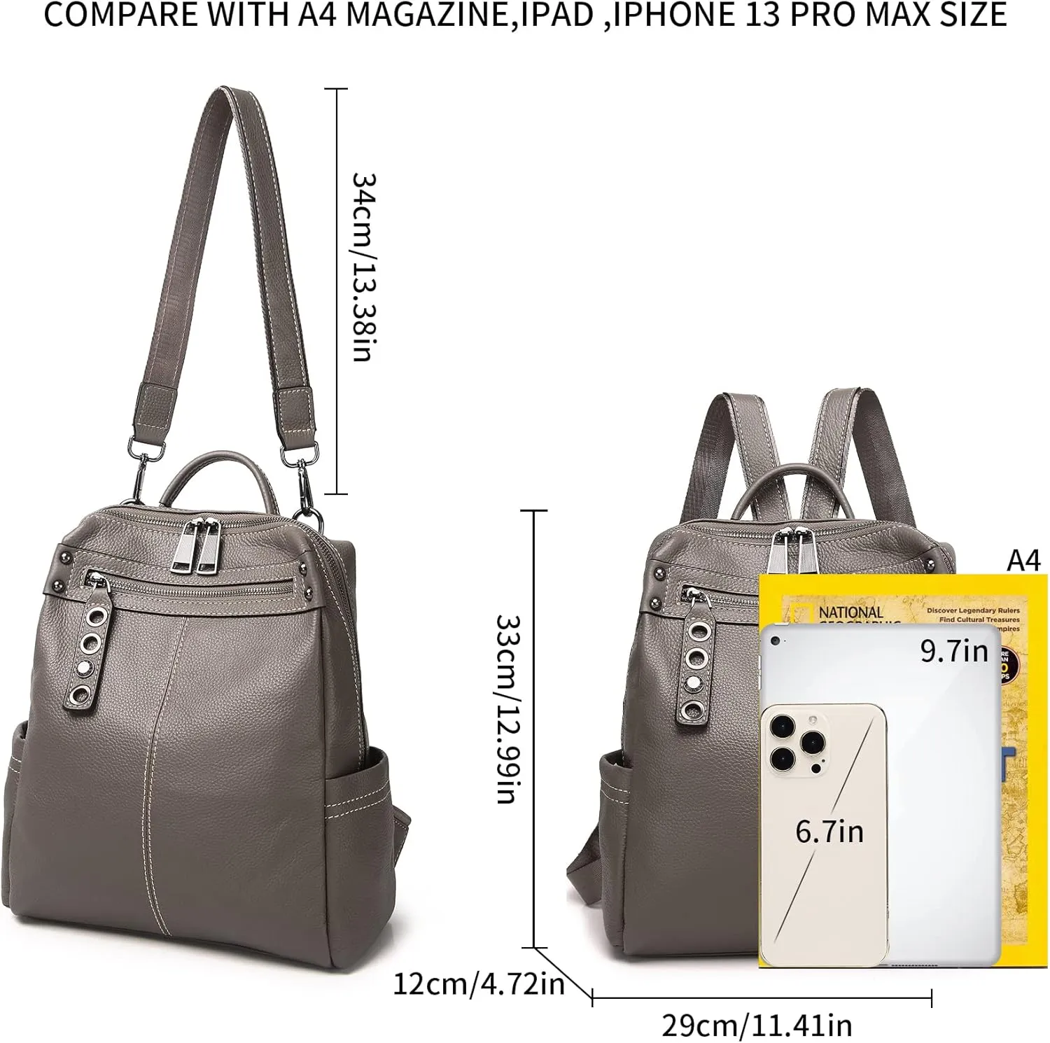 Genuine Leather Backpack Purse For Women Grey Real Soft Leather Travel Fashion Designer Convertible Ladies Shoulder Bag