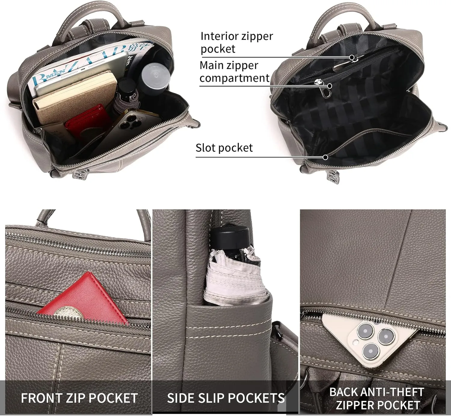 Genuine Leather Backpack Purse For Women Grey Real Soft Leather Travel Fashion Designer Convertible Ladies Shoulder Bag