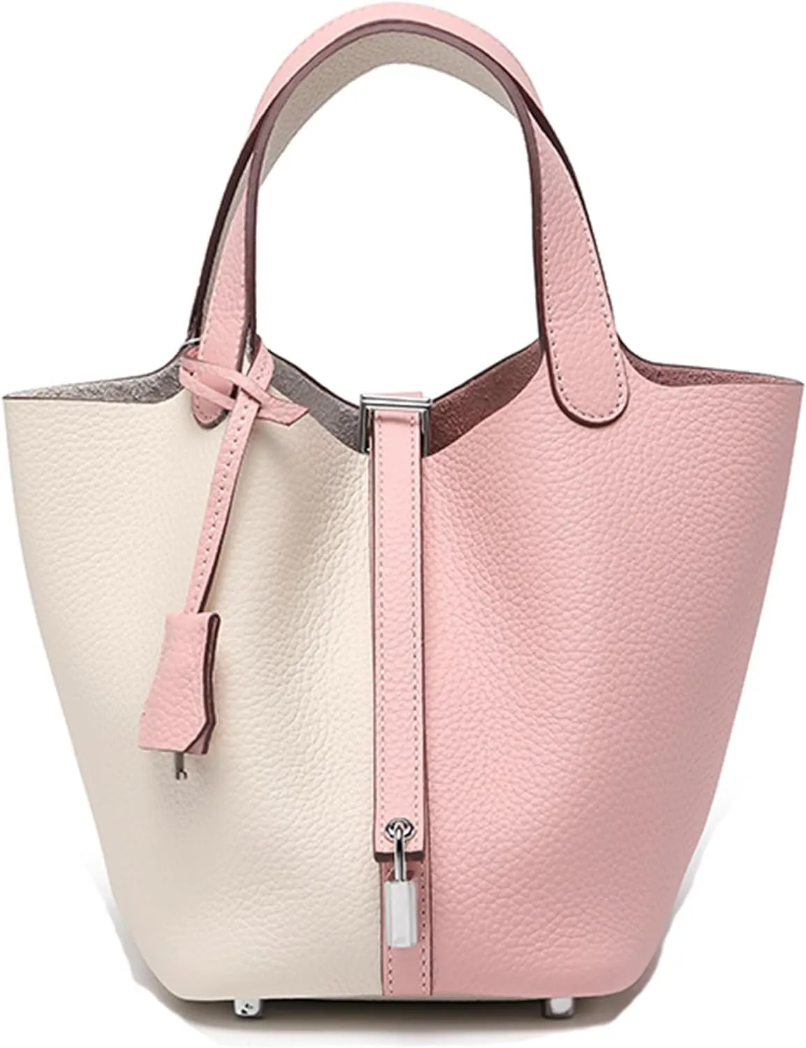 Genuine Leather Soft Bucket Bag for Women Fashion Lock Design Handbags Vegetable Basket Satchel with Top Handle Bags