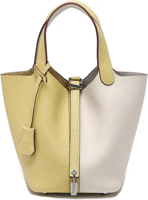 Genuine Leather Soft Bucket Bag for Women Fashion Lock Design Handbags Vegetable Basket Satchel with Top Handle Bags