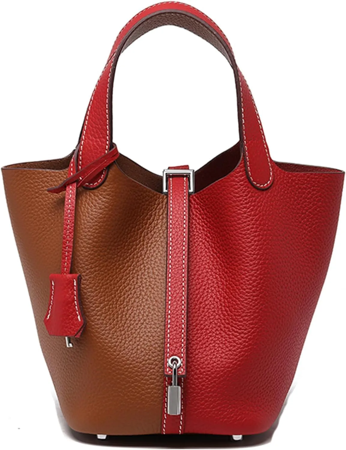 Genuine Leather Soft Bucket Bag for Women Fashion Lock Design Handbags Vegetable Basket Satchel with Top Handle Bags