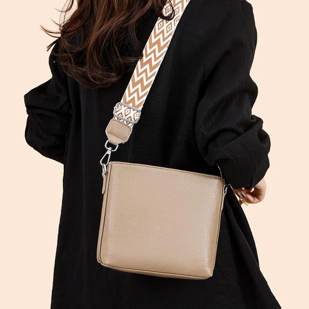 Genuine Leather Trendy Crossbody Bag with Guitar Strap Casual Shoulder Purse Vintage Bucket Bag Satchel Purse for