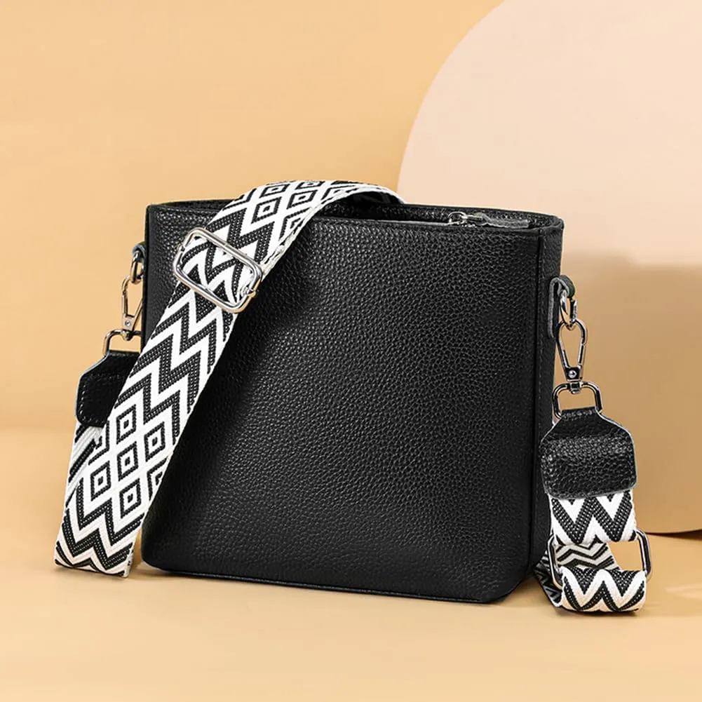 Genuine Leather Trendy Crossbody Bag with Guitar Strap Casual Shoulder Purse Vintage Bucket Bag Satchel Purse for