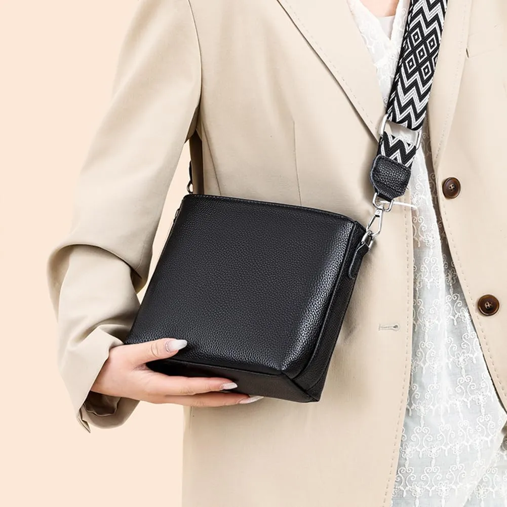 Genuine Leather Trendy Crossbody Bag with Guitar Strap Casual Shoulder Purse Vintage Bucket Bag Satchel Purse for