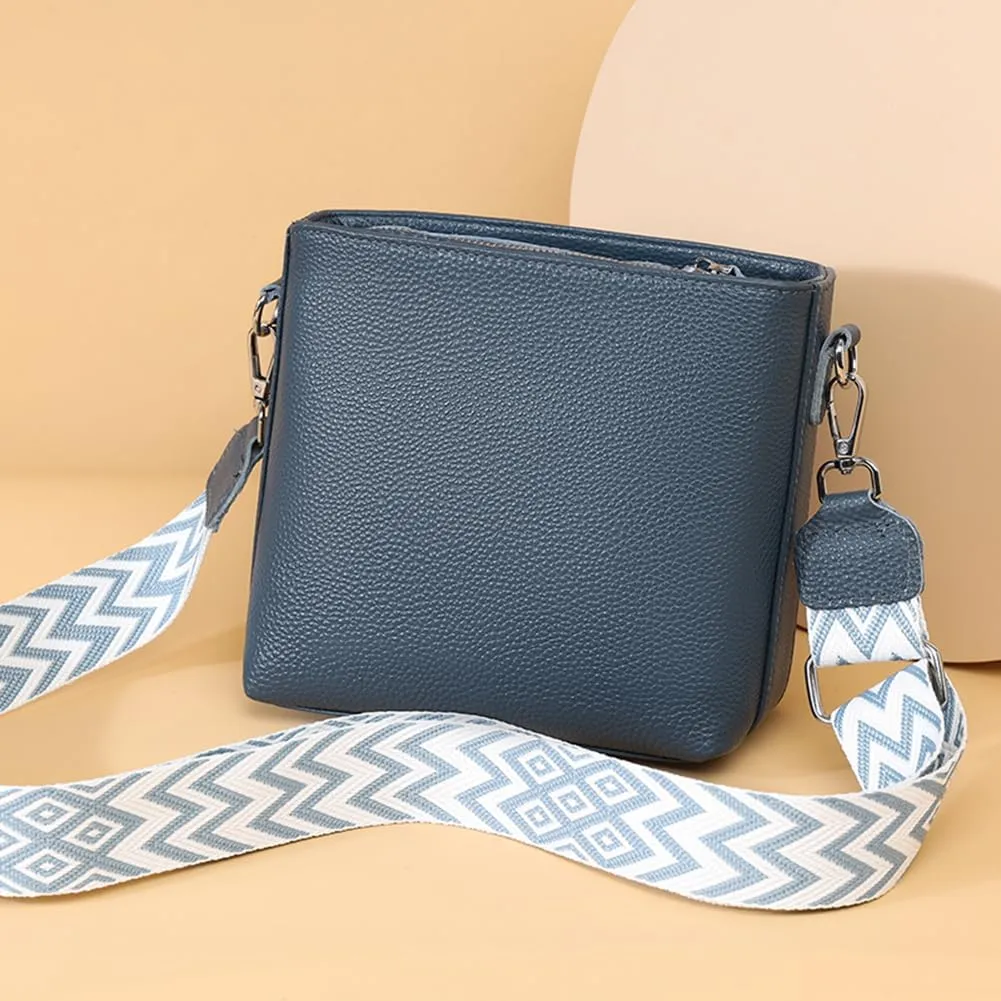 Genuine Leather Trendy Crossbody Bag with Guitar Strap Casual Shoulder Purse Vintage Bucket Bag Satchel Purse for