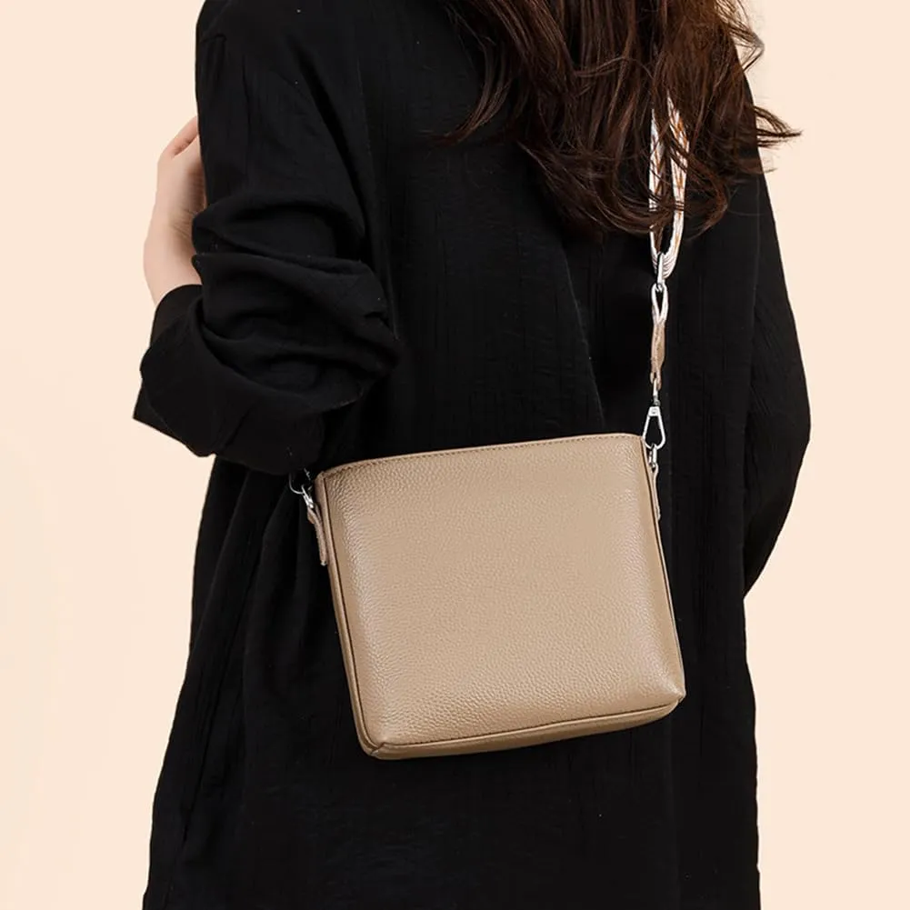Genuine Leather Trendy Crossbody Bag with Guitar Strap Casual Shoulder Purse Vintage Bucket Bag Satchel Purse for