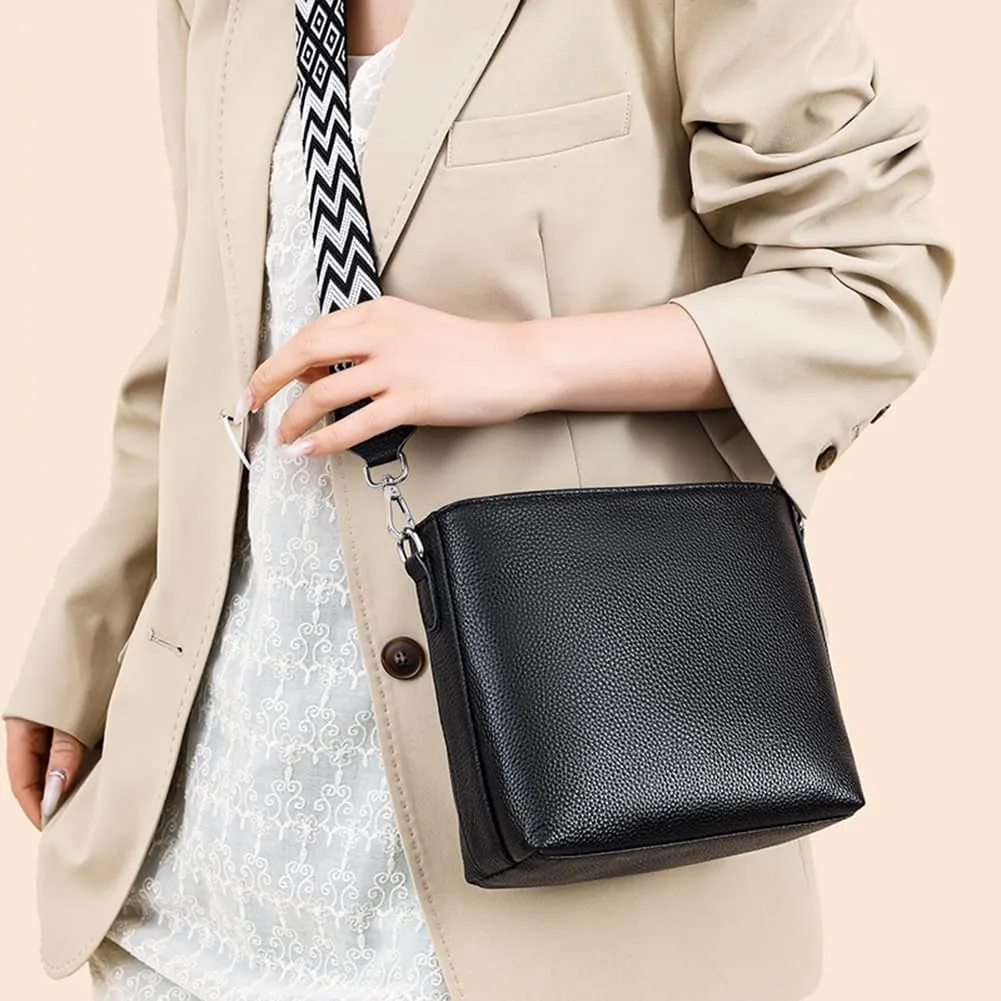 Genuine Leather Trendy Crossbody Bag with Guitar Strap Casual Shoulder Purse Vintage Bucket Bag Satchel Purse for