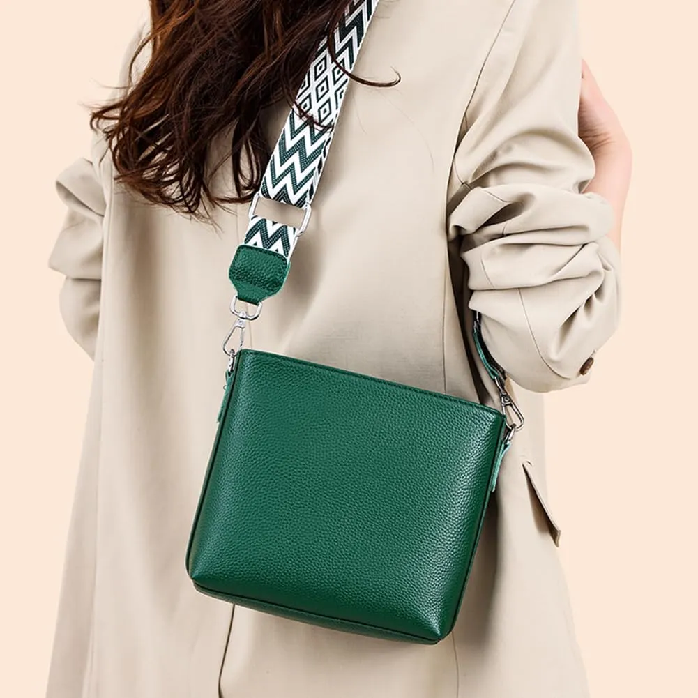Genuine Leather Trendy Crossbody Bag with Guitar Strap Casual Shoulder Purse Vintage Bucket Bag Satchel Purse for