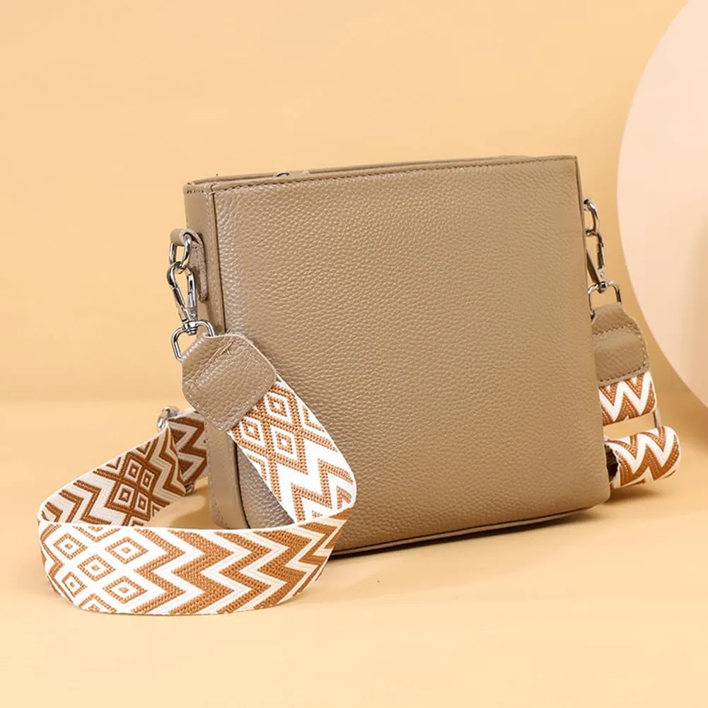 Genuine Leather Trendy Crossbody Bag with Guitar Strap Casual Shoulder Purse Vintage Bucket Bag Satchel Purse for