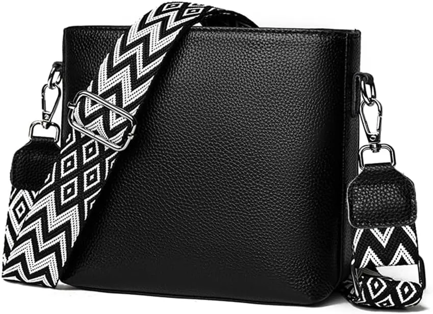 Genuine Leather Trendy Crossbody Bag with Guitar Strap Casual Shoulder Purse Vintage Bucket Bag Satchel Purse for