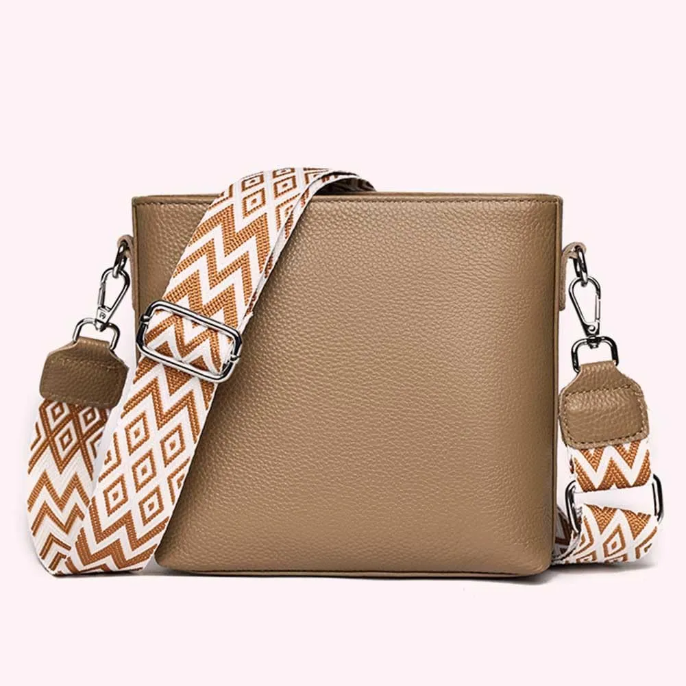 Genuine Leather Trendy Crossbody Bag with Guitar Strap Casual Shoulder Purse Vintage Bucket Bag Satchel Purse for