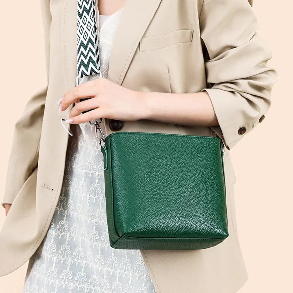 Genuine Leather Trendy Crossbody Bag with Guitar Strap Casual Shoulder Purse Vintage Bucket Bag Satchel Purse for