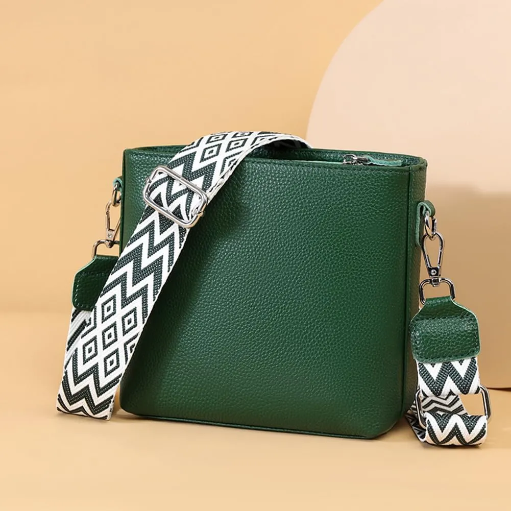 Genuine Leather Trendy Crossbody Bag with Guitar Strap Casual Shoulder Purse Vintage Bucket Bag Satchel Purse for