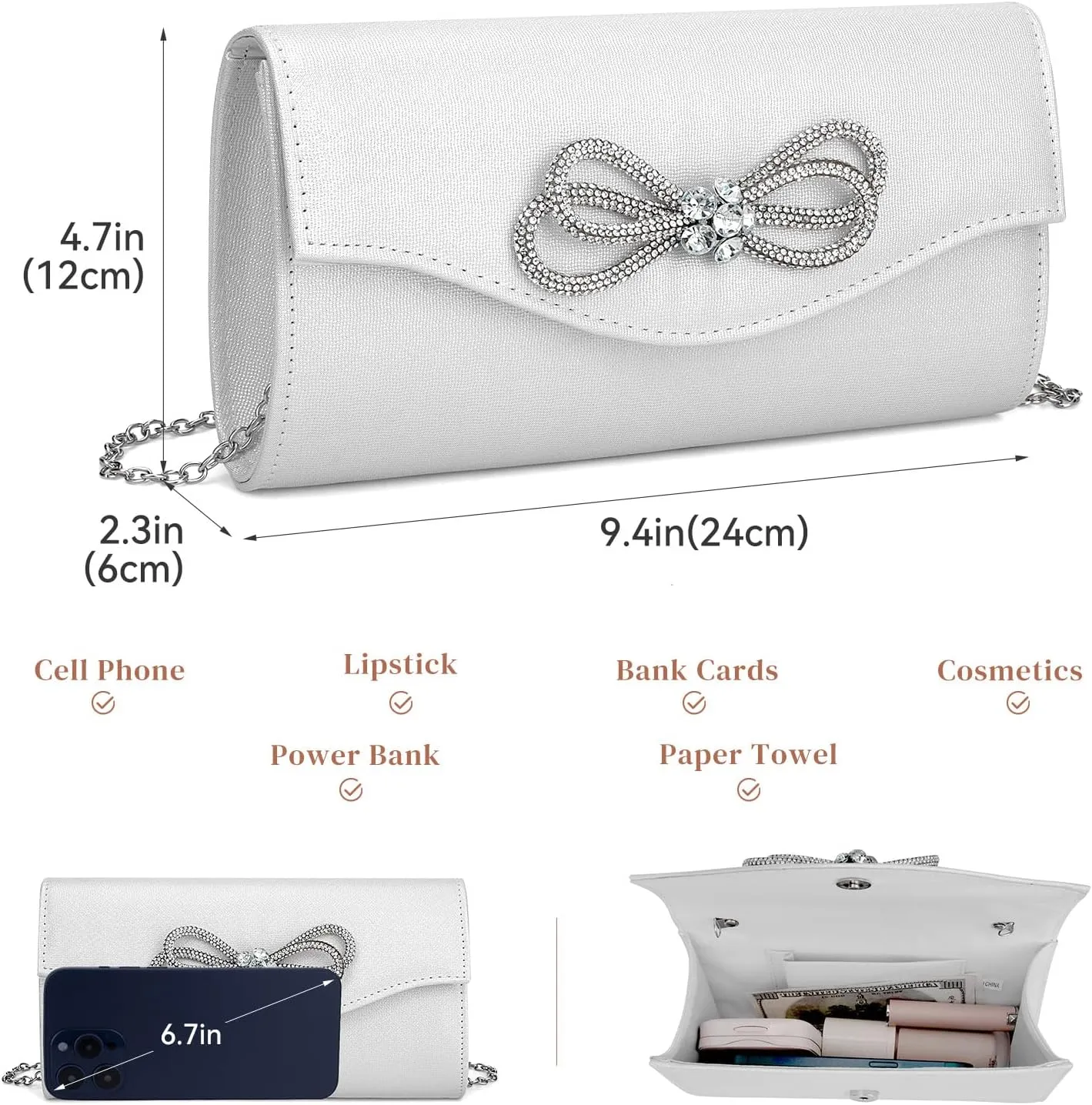 Gets Women Evening Bag Rhinestone Bow Clutch Purse for Women Party Wedding Prom Cocktail Formal Flap Handbags
