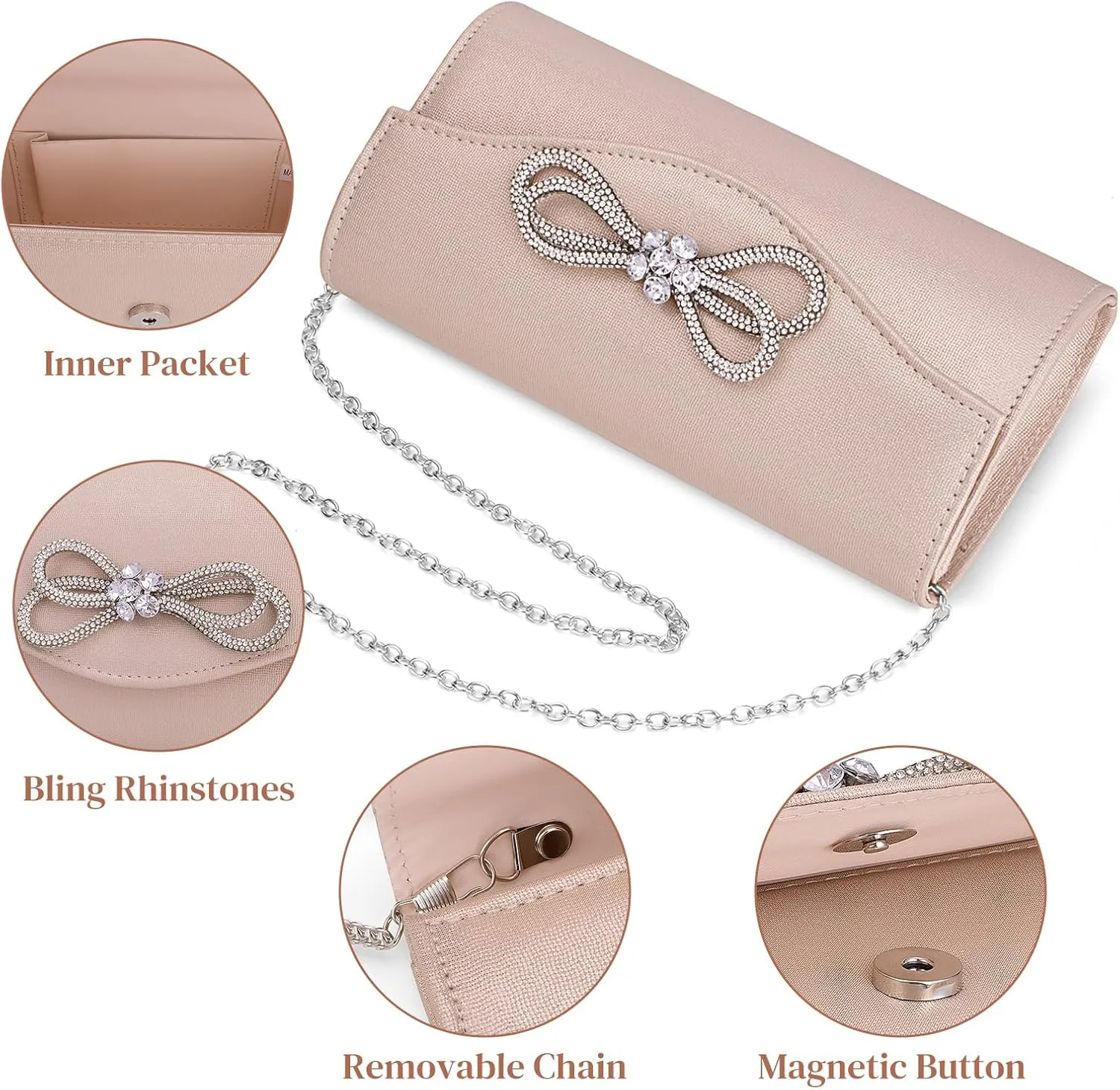 Gets Women Evening Bag Rhinestone Bow Clutch Purse for Women Party Wedding Prom Cocktail Formal Flap Handbags