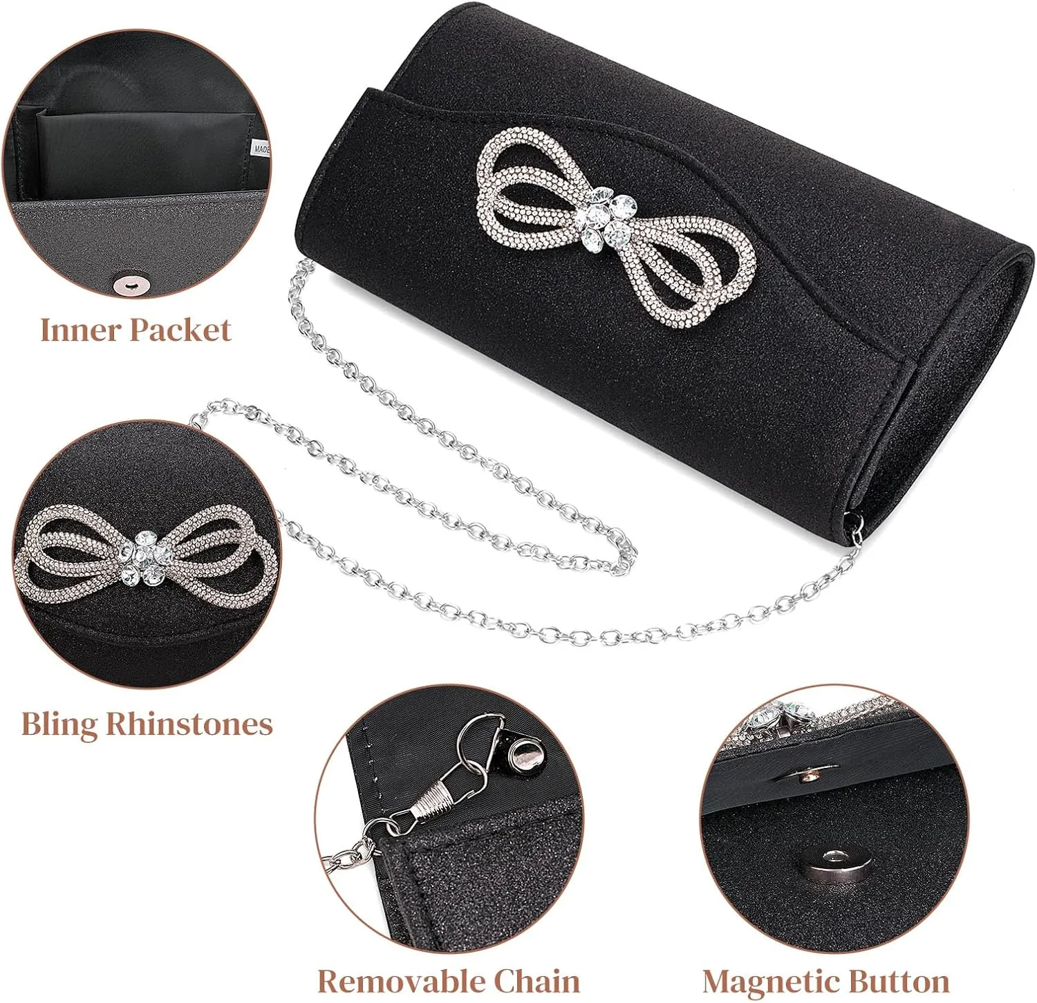 Gets Women Evening Bag Rhinestone Bow Clutch Purse for Women Party Wedding Prom Cocktail Formal Flap Handbags
