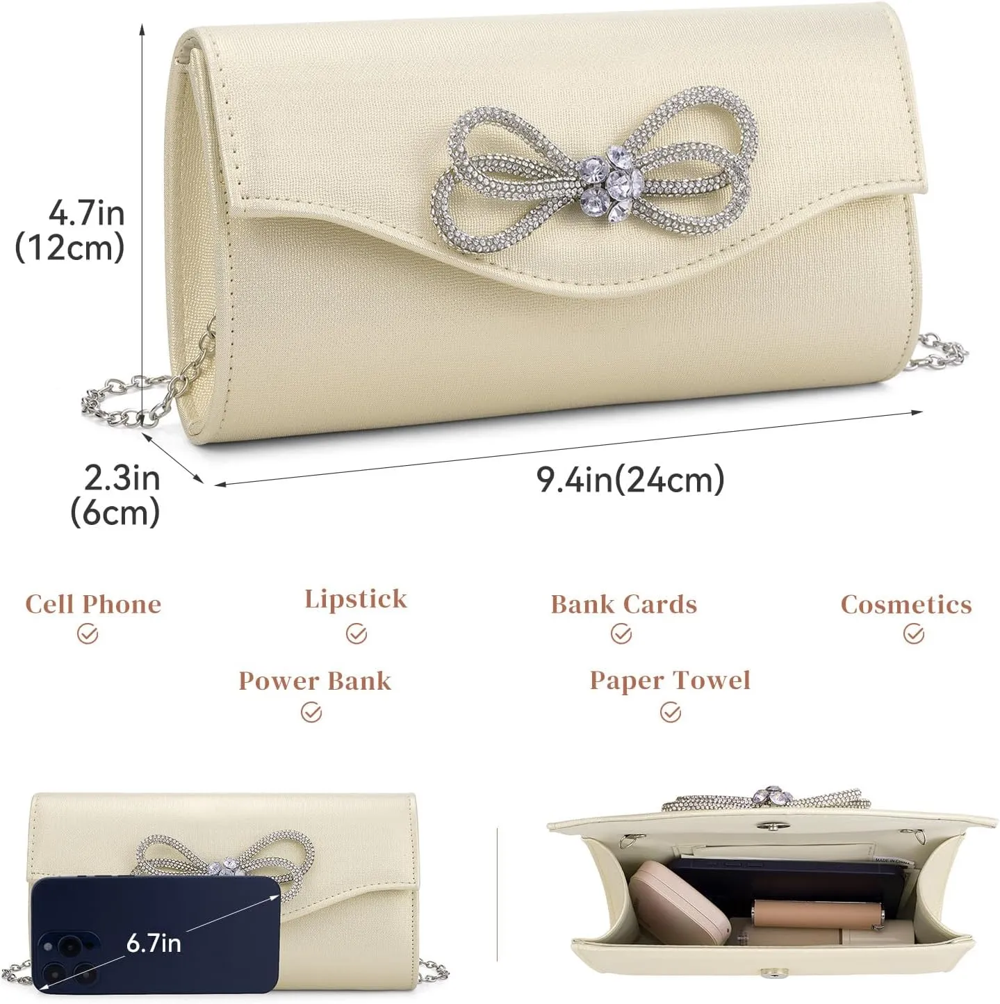 Gets Women Evening Bag Rhinestone Bow Clutch Purse for Women Party Wedding Prom Cocktail Formal Flap Handbags