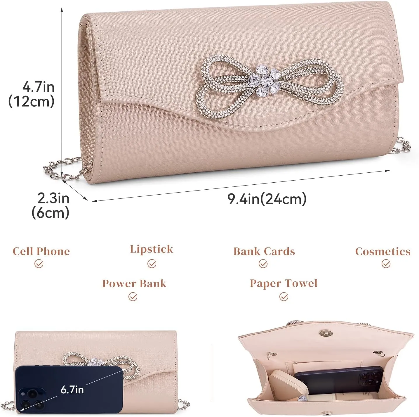 Gets Women Evening Bag Rhinestone Bow Clutch Purse for Women Party Wedding Prom Cocktail Formal Flap Handbags