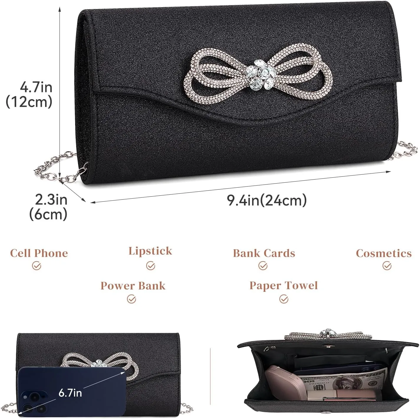 Gets Women Evening Bag Rhinestone Bow Clutch Purse for Women Party Wedding Prom Cocktail Formal Flap Handbags
