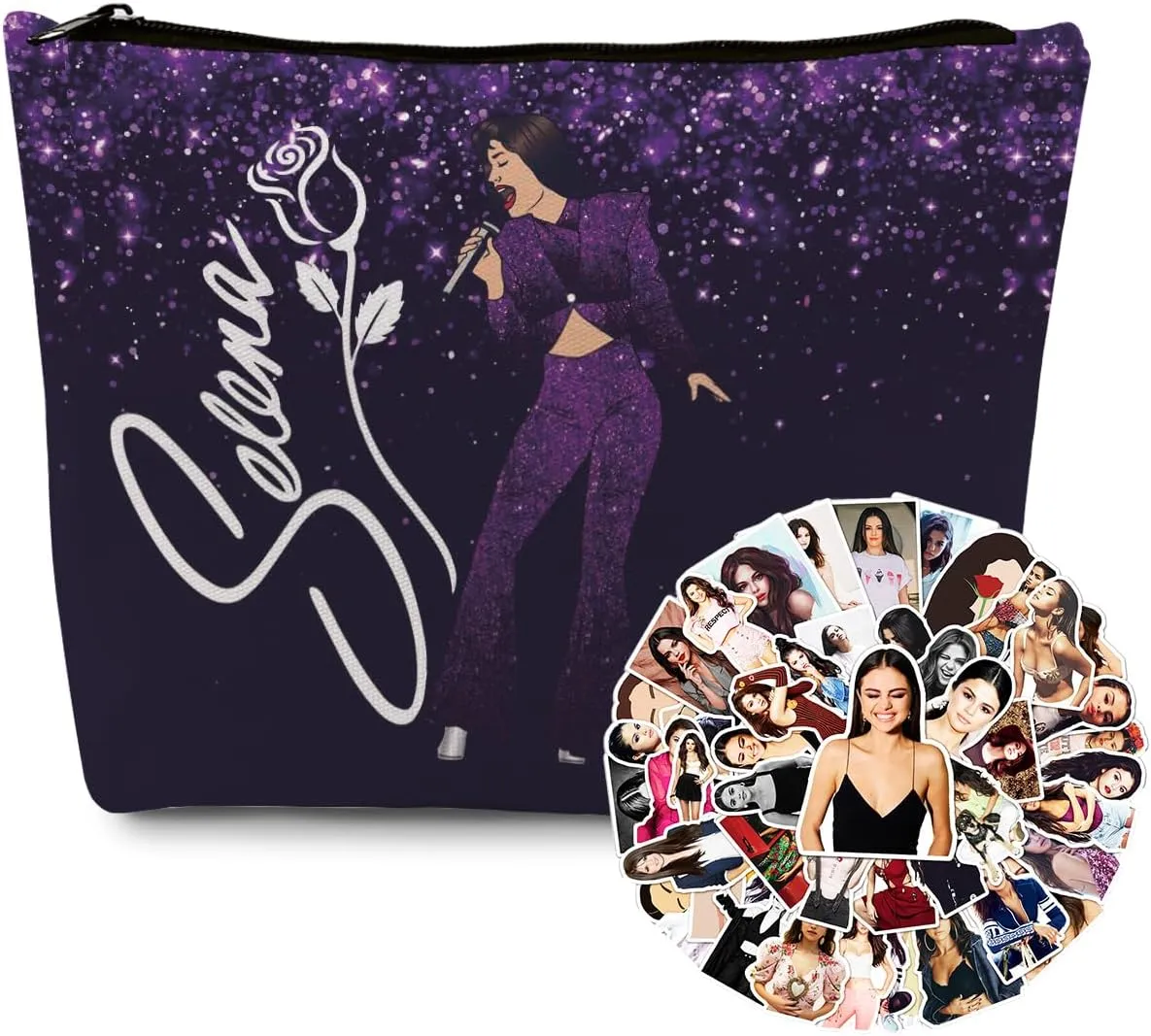 gfuhlre Music-Themed Makeup Bag Set, Latin Pop Stuff Including Purple Stage Dynamism Cosmetic Bag(9.7 x 7 Inch), 50 Pcs American Singer Waterproof Stickers for Women Girls Teens Music Fans