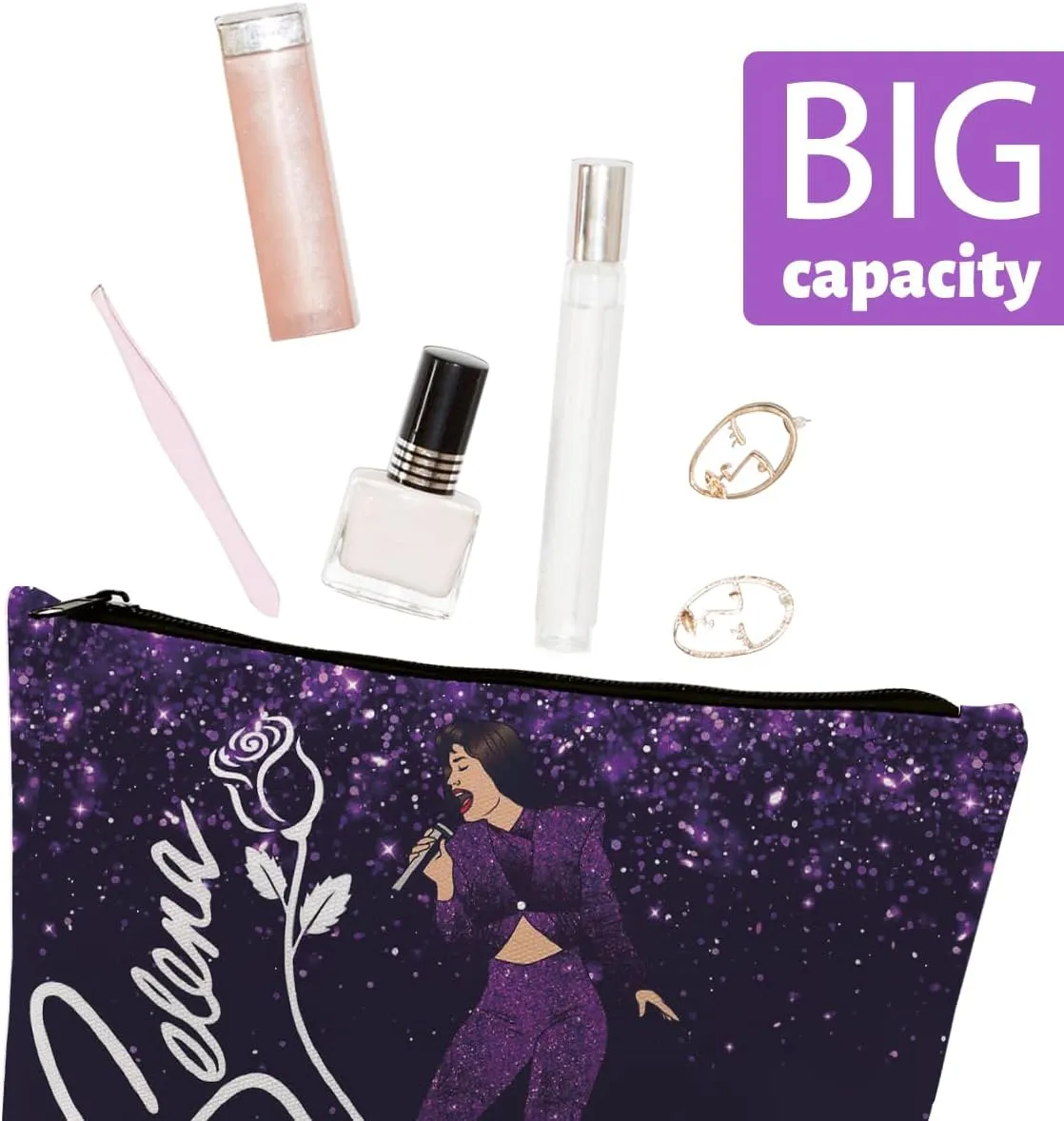 gfuhlre Music-Themed Makeup Bag Set, Latin Pop Stuff Including Purple Stage Dynamism Cosmetic Bag(9.7 x 7 Inch), 50 Pcs American Singer Waterproof Stickers for Women Girls Teens Music Fans