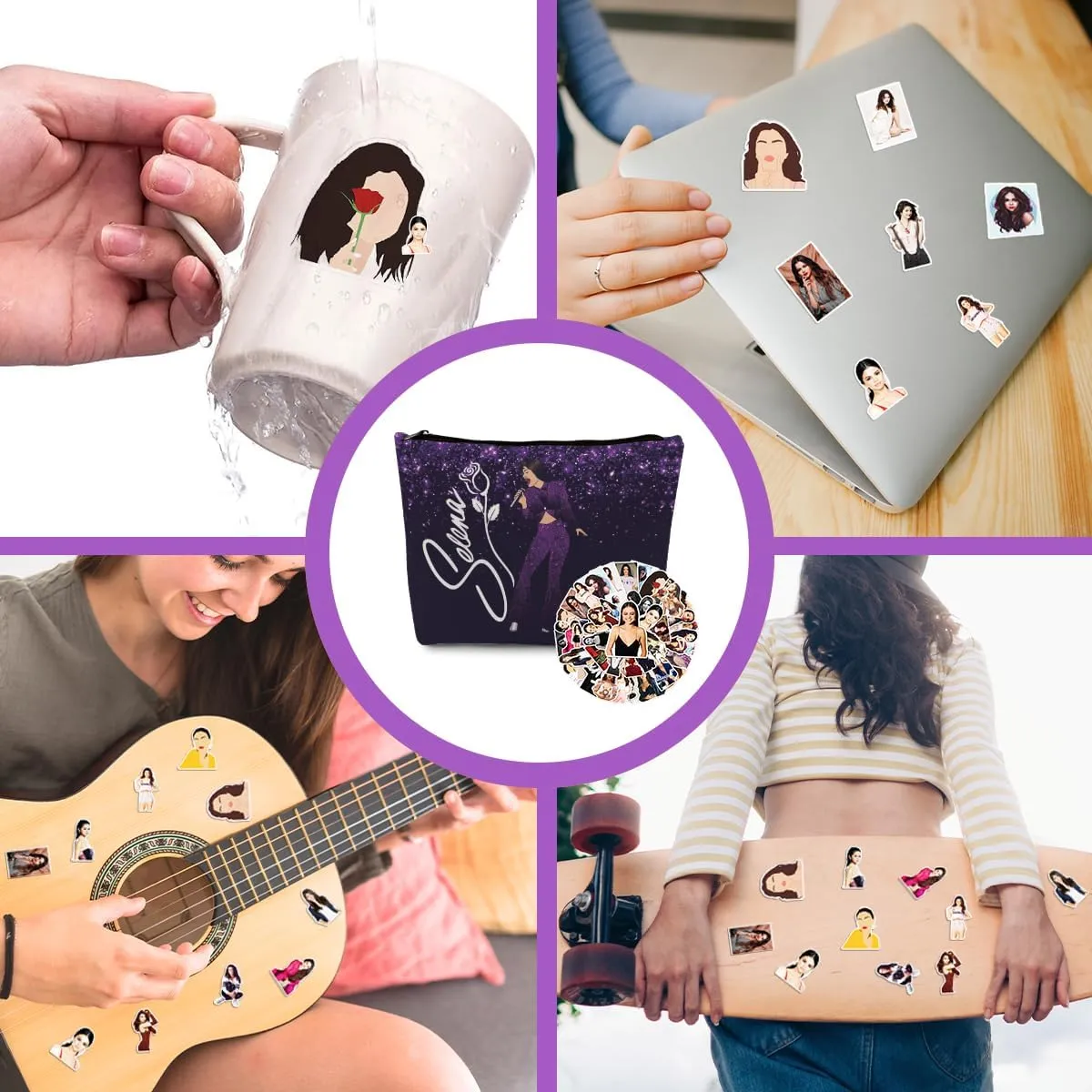 gfuhlre Music-Themed Makeup Bag Set, Latin Pop Stuff Including Purple Stage Dynamism Cosmetic Bag(9.7 x 7 Inch), 50 Pcs American Singer Waterproof Stickers for Women Girls Teens Music Fans