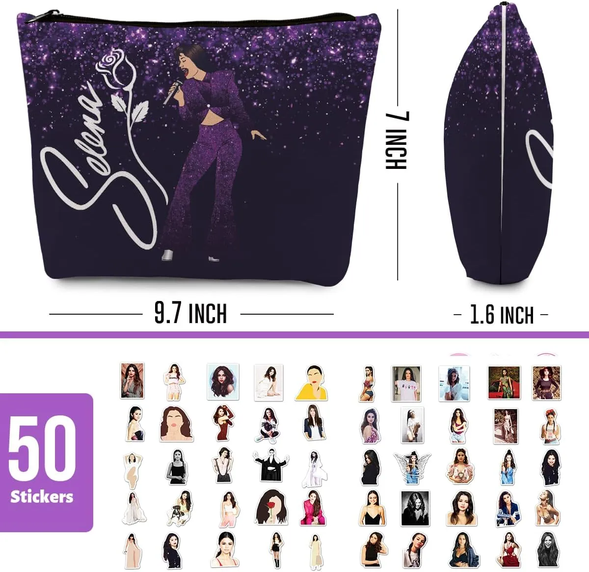 gfuhlre Music-Themed Makeup Bag Set, Latin Pop Stuff Including Purple Stage Dynamism Cosmetic Bag(9.7 x 7 Inch), 50 Pcs American Singer Waterproof Stickers for Women Girls Teens Music Fans