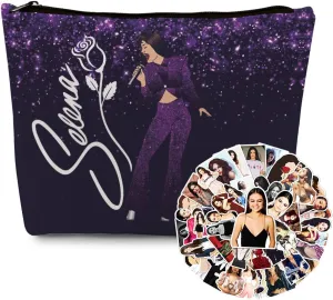 gfuhlre Music-Themed Makeup Bag Set, Latin Pop Stuff Including Purple Stage Dynamism Cosmetic Bag(9.7 x 7 Inch), 50 Pcs American Singer Waterproof Stickers for Women Girls Teens Music Fans