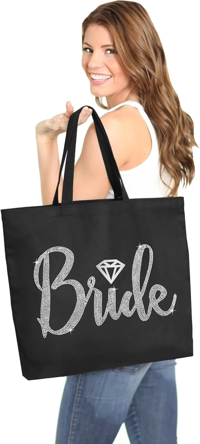Giant Canvas Bride Tote Bag - 18" x 14" Diamond Motif Rhinestone Totes - Bridal Shower Gifts and Wedding Accessories