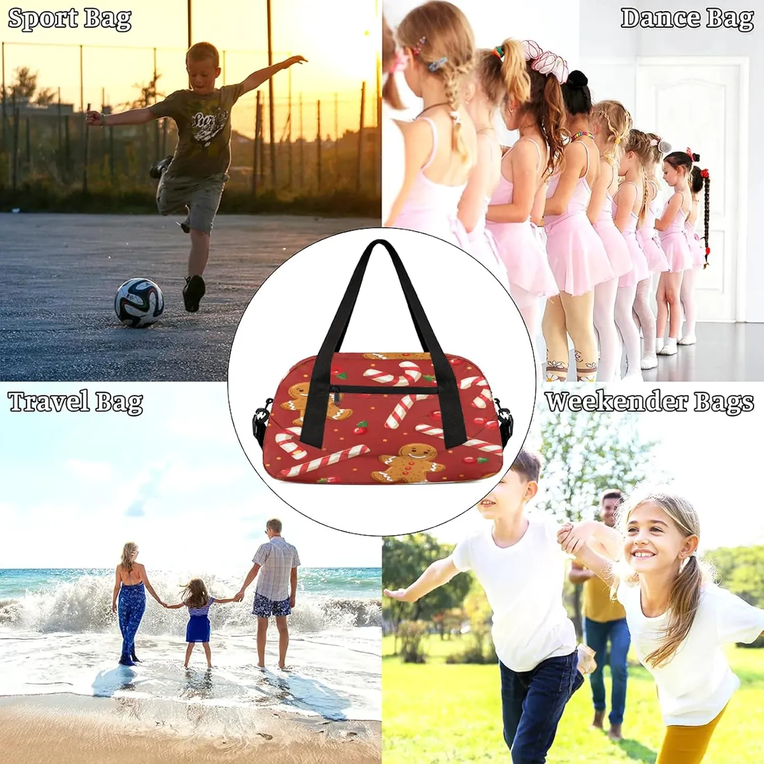 Gingerbread Man Fruit Red Kids Duffel Bag Lightweight Waterproof Sports Gym Bag with Front Zipper Pocket Foldable Weekender Overnight Bag for School Practice Gymnastic Ballet