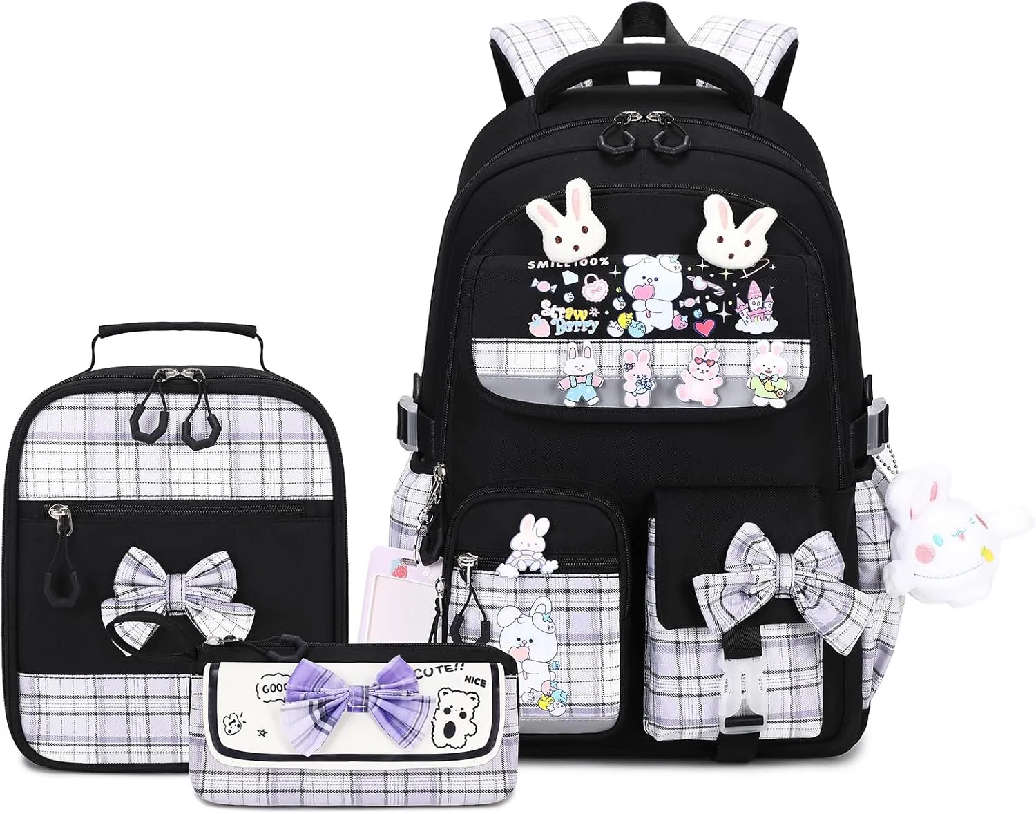 Girls Backpack 3pcs School Back pack with Lunch Box Teen Girl Backpack Set Cute Kids School Bag Bookbag for Teen Girls (Black)