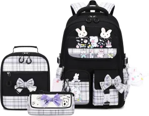 Girls Backpack 3pcs School Back pack with Lunch Box Teen Girl Backpack Set Cute Kids School Bag Bookbag for Teen Girls (Black)
