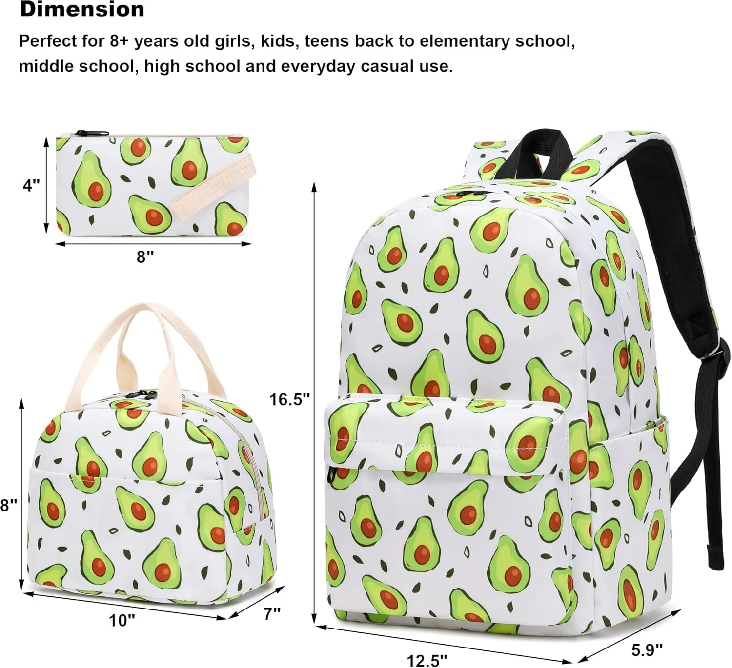 Girls School Backpacks for Kids Teens, 3-in-1 School Bag Bookbags Set with Lunch Bag Pencil Case