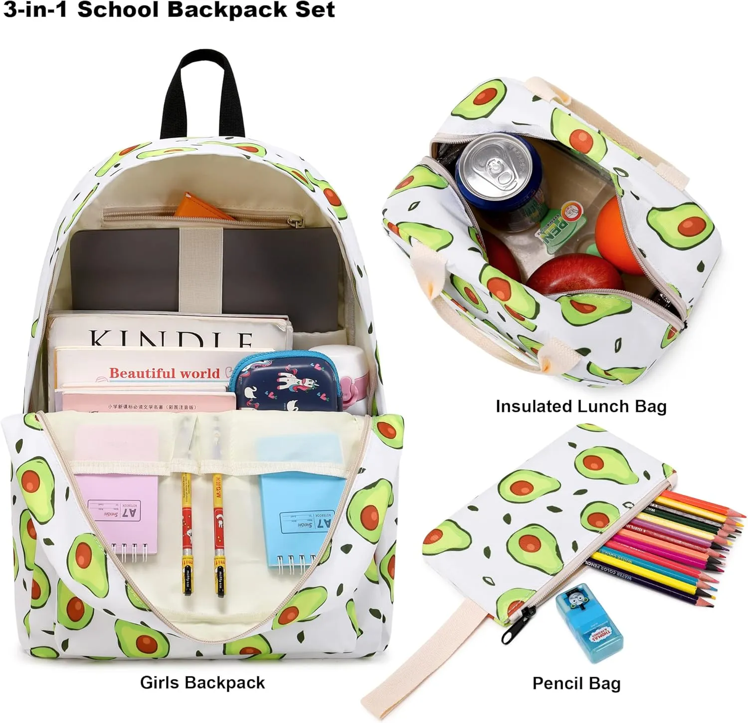 Girls School Backpacks for Kids Teens, 3-in-1 School Bag Bookbags Set with Lunch Bag Pencil Case