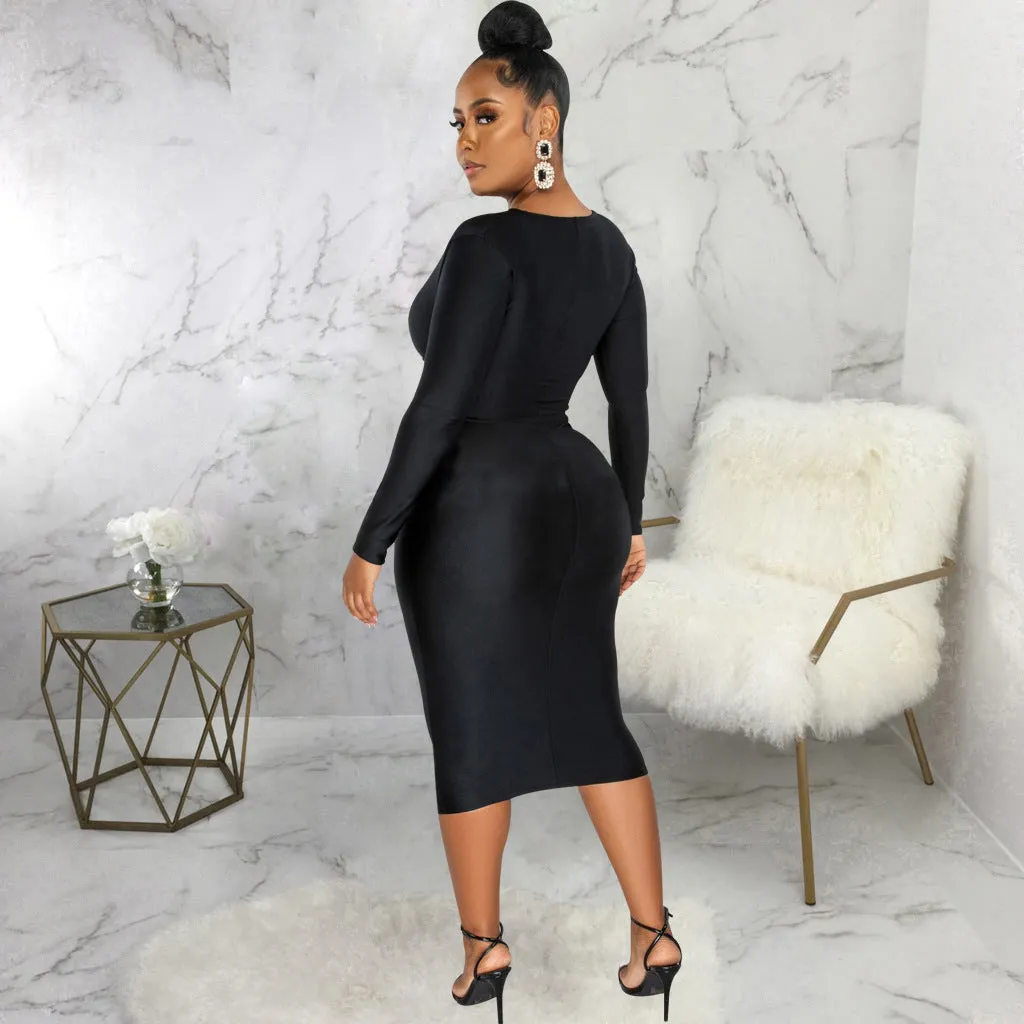 Glamorous Shiny Long-Sleeve V-Neck Bodycon Dress for Effortless Sophistication