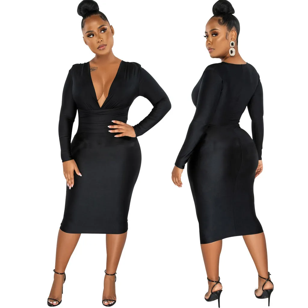 Glamorous Shiny Long-Sleeve V-Neck Bodycon Dress for Effortless Sophistication