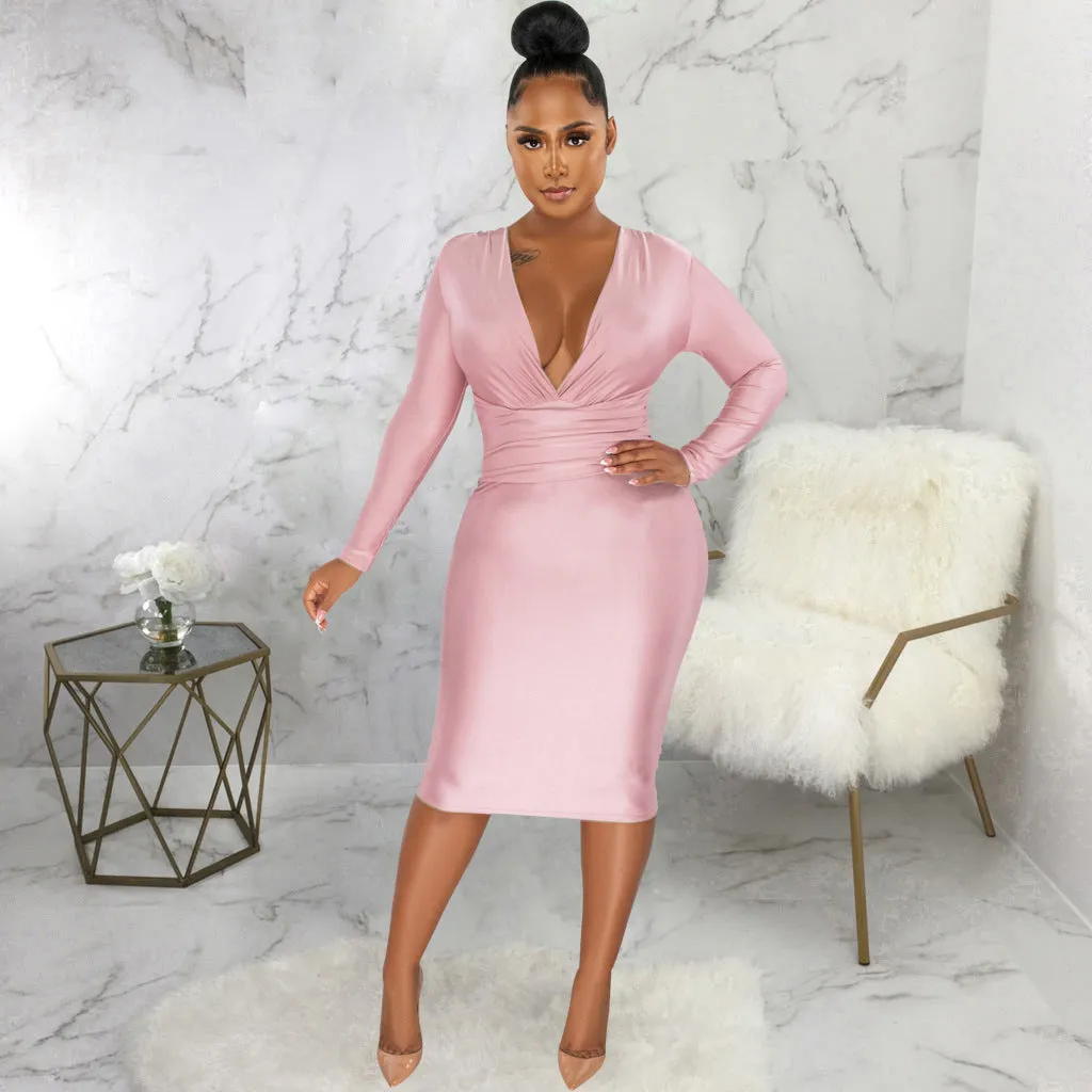 Glamorous Shiny Long-Sleeve V-Neck Bodycon Dress for Effortless Sophistication