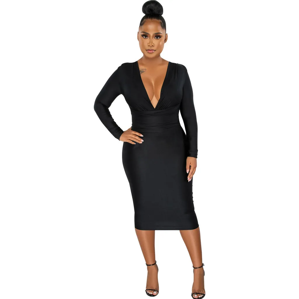 Glamorous Shiny Long-Sleeve V-Neck Bodycon Dress for Effortless Sophistication
