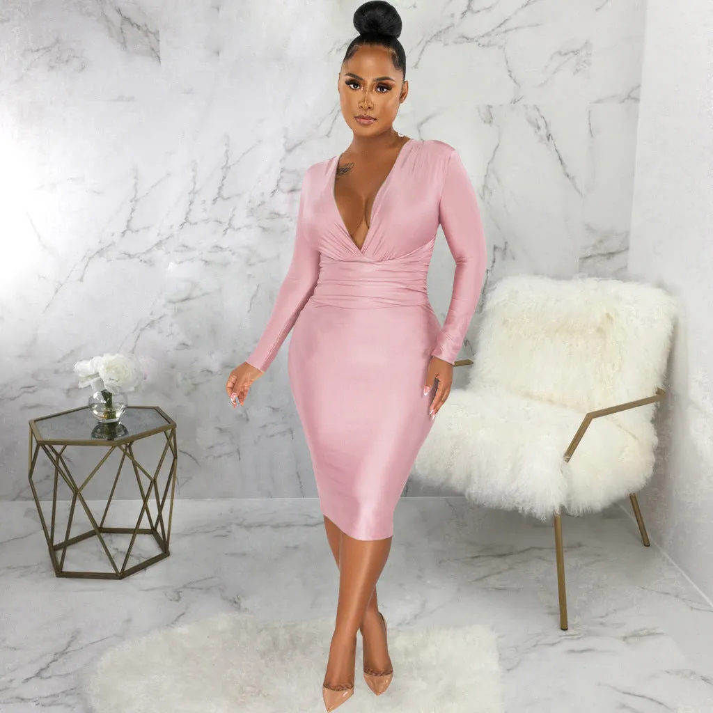 Glamorous Shiny Long-Sleeve V-Neck Bodycon Dress for Effortless Sophistication