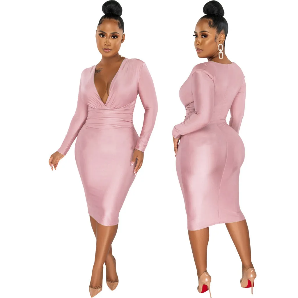 Glamorous Shiny Long-Sleeve V-Neck Bodycon Dress for Effortless Sophistication