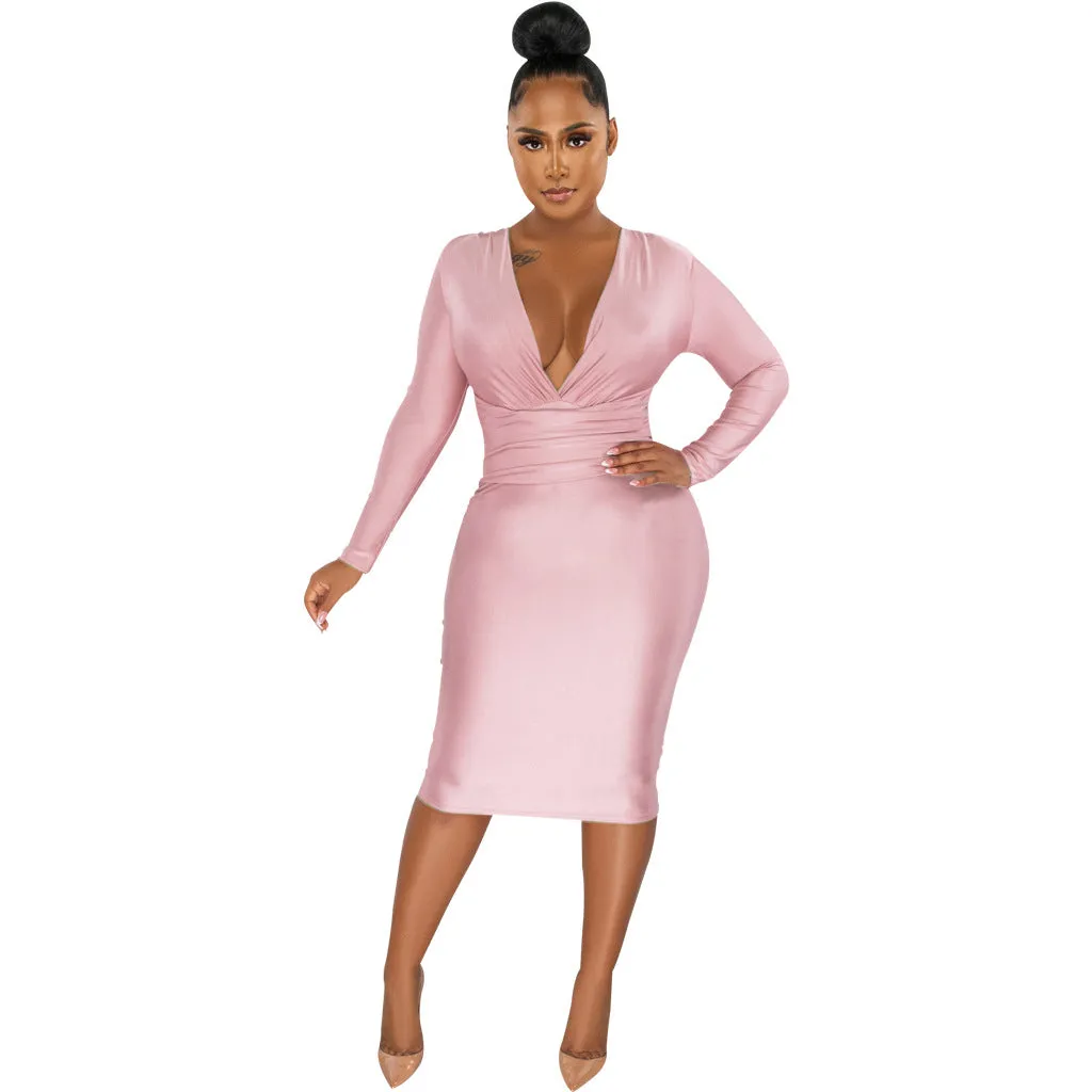 Glamorous Shiny Long-Sleeve V-Neck Bodycon Dress for Effortless Sophistication