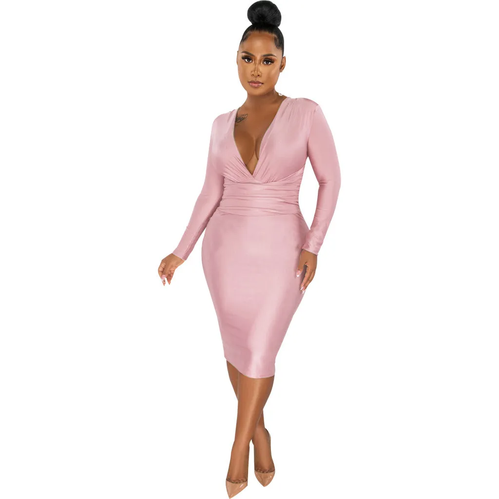 Glamorous Shiny Long-Sleeve V-Neck Bodycon Dress for Effortless Sophistication
